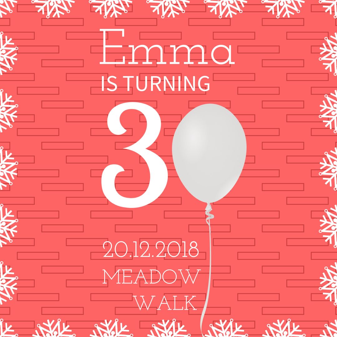 Festive 30th Birthday Invitation with Balloon and Snowflakes
