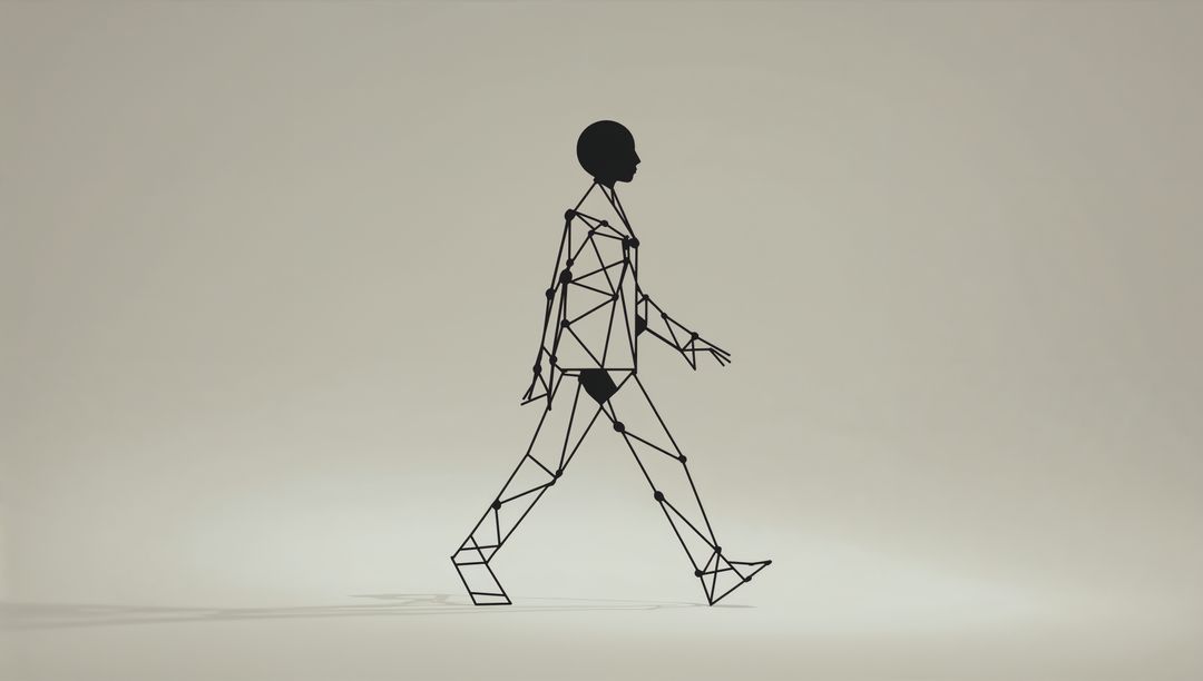 Geomtric Wireframe Humanoid Walking in Stylized Space