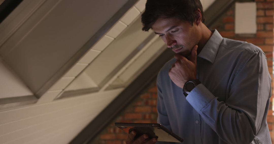 Man Using Tablet While Standing in Loft - Free Images, Stock Photos and Pictures on Pikwizard.com