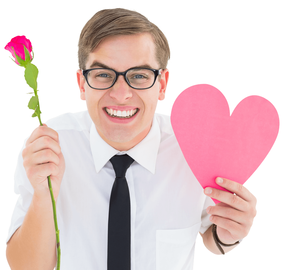 Geeky Romantic Gesturing with Heart Card and Rose, Transparent Background