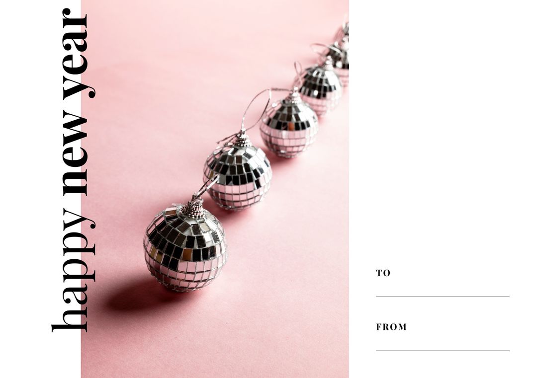 Happy New Year Text with Reflective Disco Balls on Pink Background