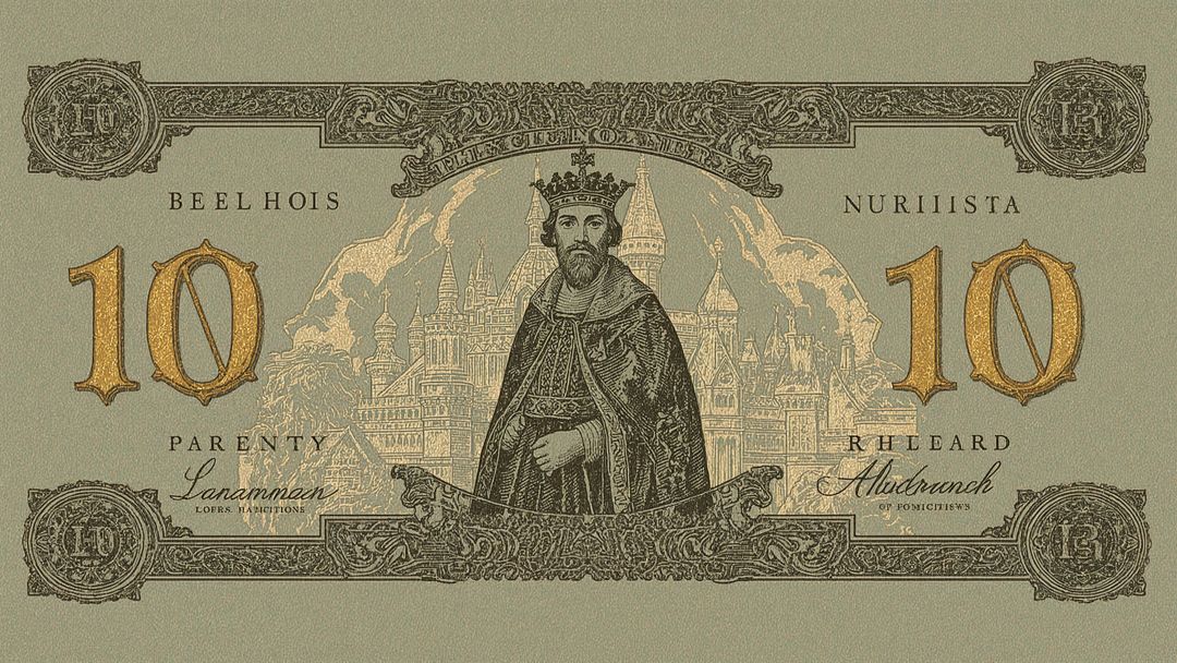 Ornate Medieval Banknote Featuring Crowned King on Currency