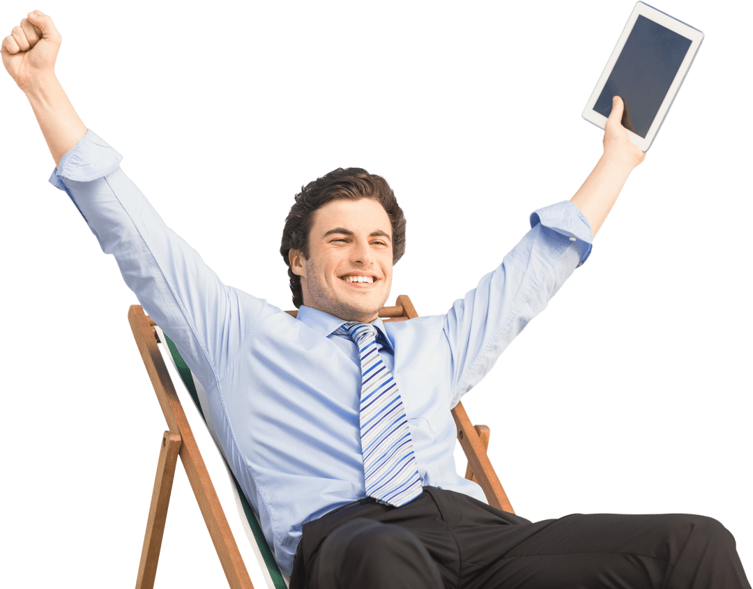 Triumphant Businessman with Tablet on Transparent Background