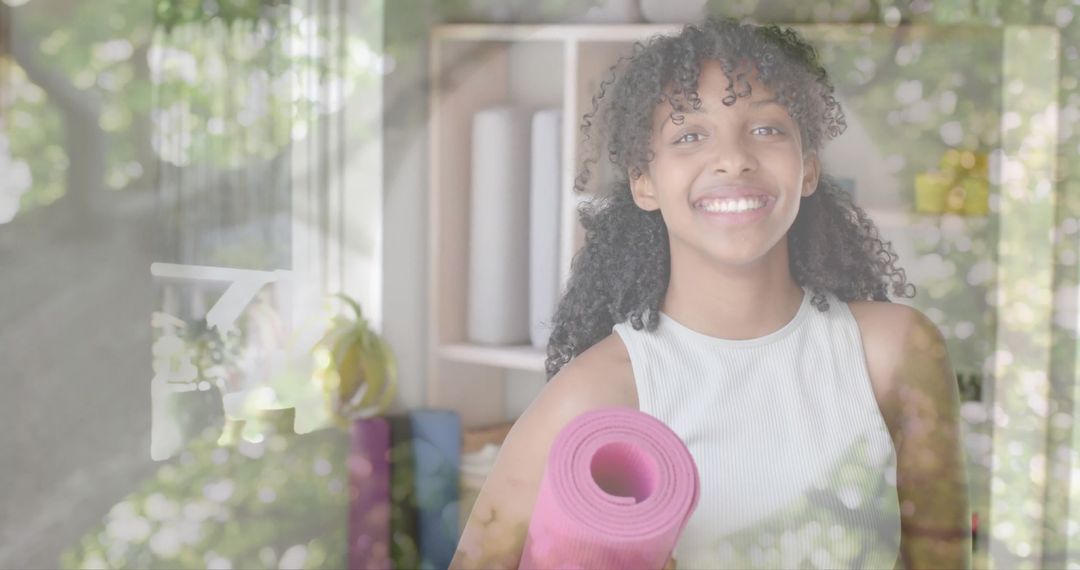 Smiling Teen with Yoga Mat and Nature Vibes Overlay