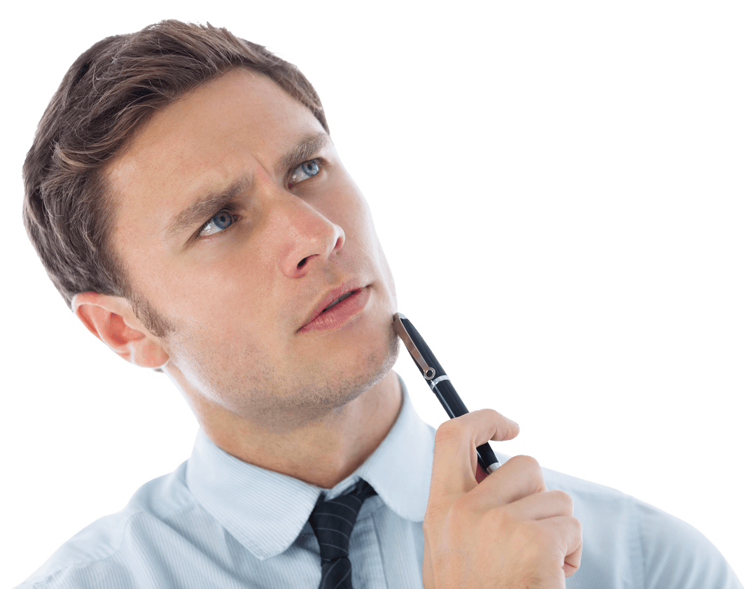 Pensive Caucasian Businessman Thinking with Pen, Transparent Background