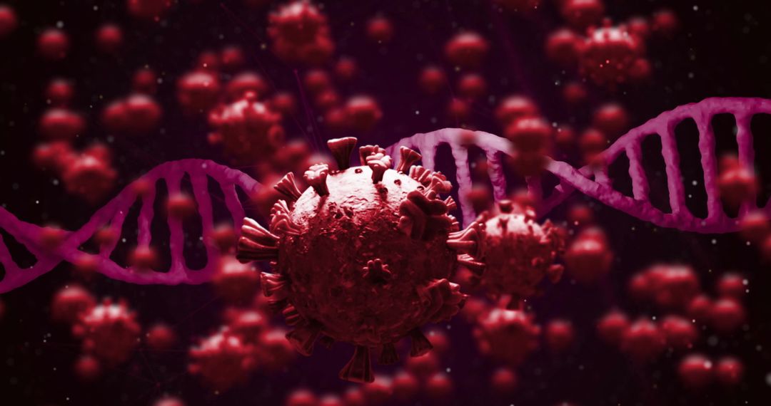 Virus Cells with DNA Strand on Dark Background