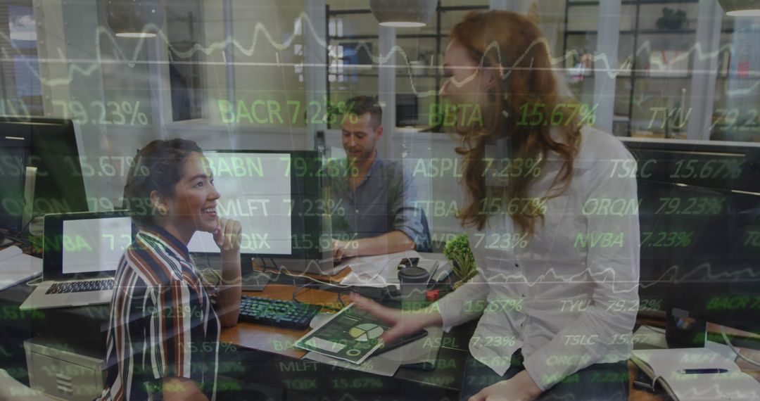 Diverse Team Collaborating with Financial Analytics in Background