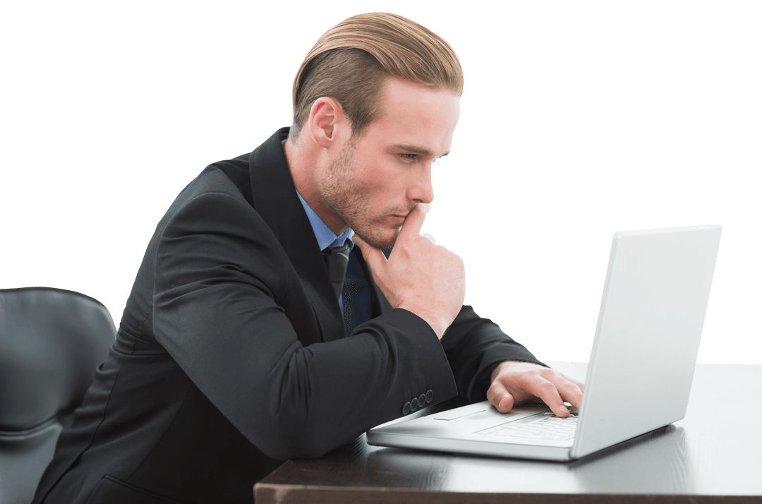 Transparent Businessman Focusing on Laptop at Modern Desk