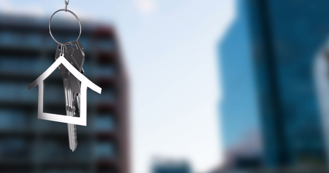 Keychain with house shape and keys in urban cityscape