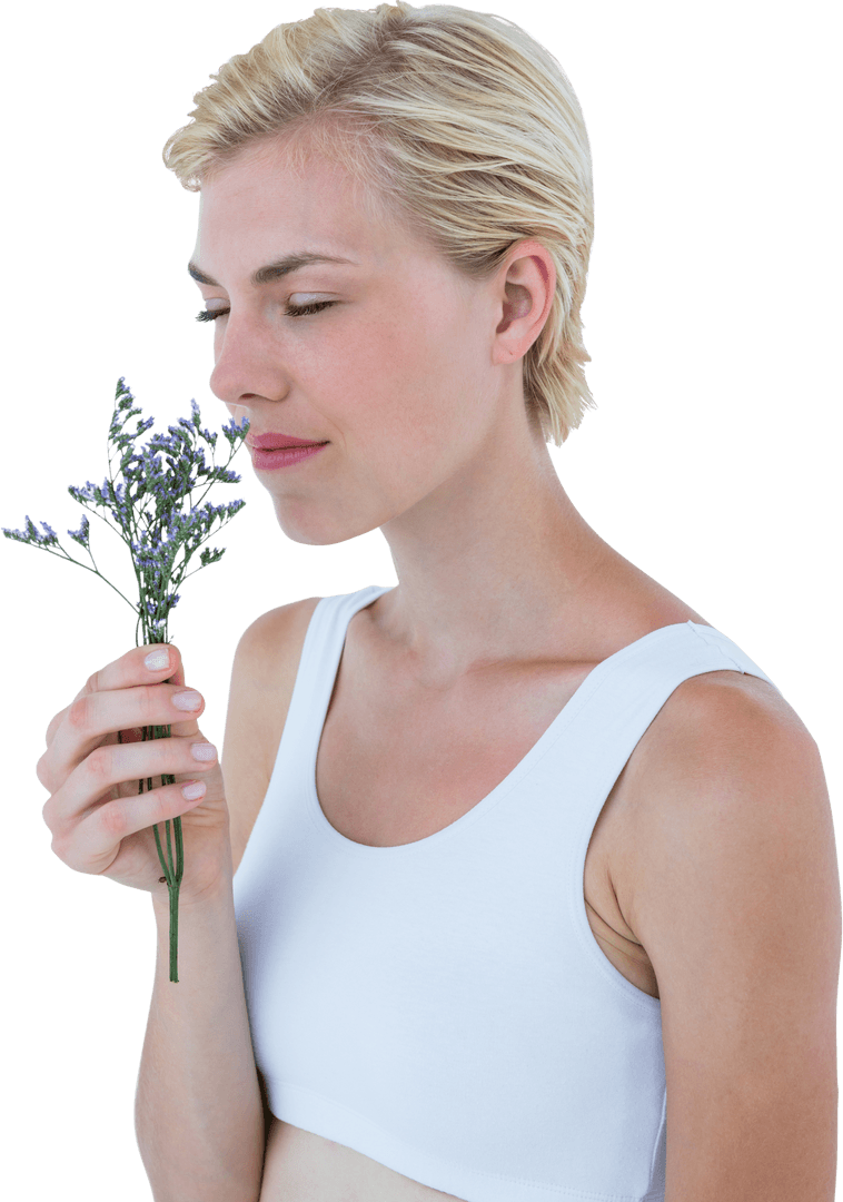 Woman Smelling Purple Flower in Calm Setting, Close-up Transparent Background