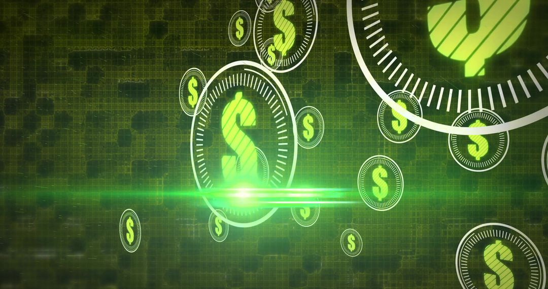 Neon Green Dollar Signs in Futuristic Digital Grid with Light Effects