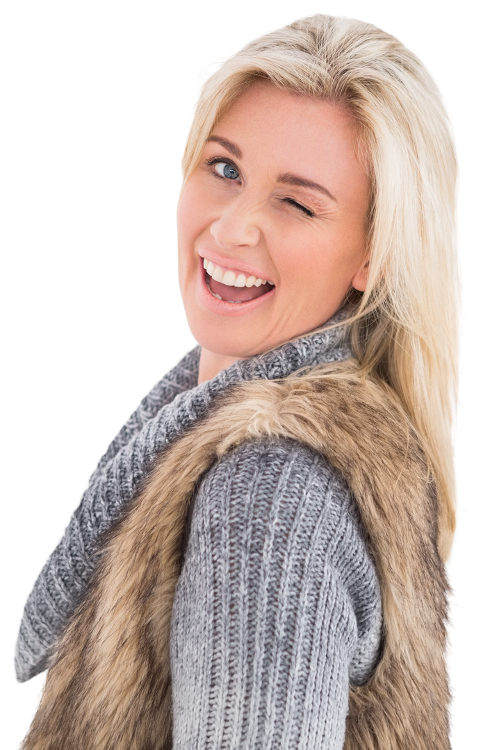 Blonde Smiling with Wink in Fashionable Winter Clothes on Transparent Background - Download Free Stock Images Pikwizard.com