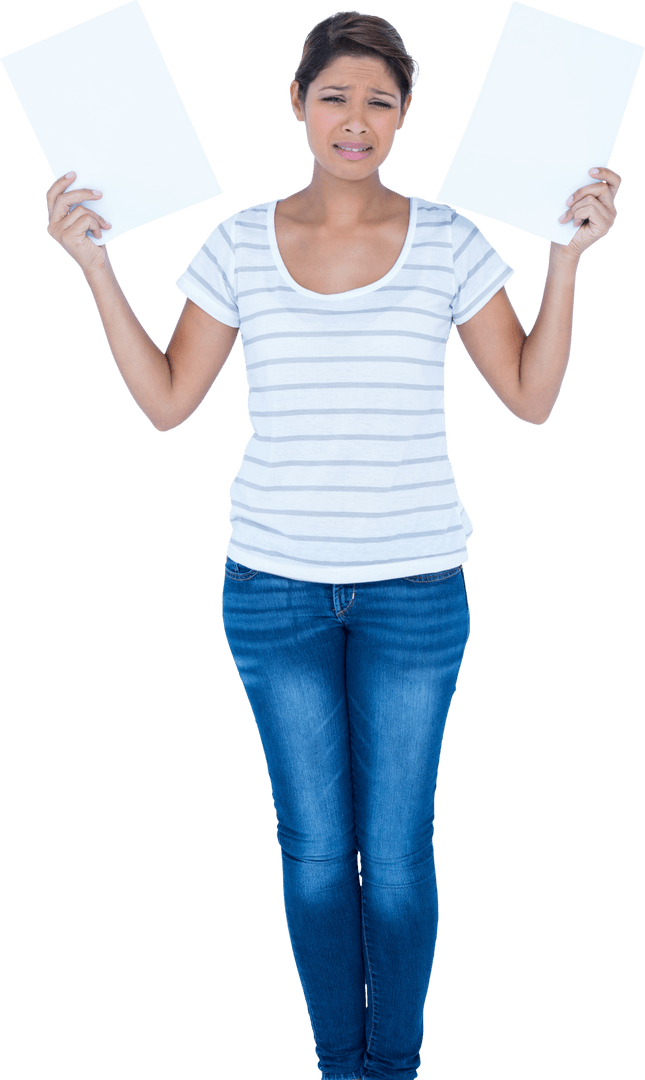 Transparent Woman Crying with Documents Portrait Isolated