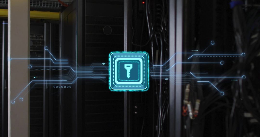 Futuristic Key Icon Symbolizing Data Security in Server Room