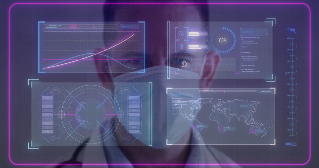 Scientist Analyzing Holographic Data Displays with Mask in Lab