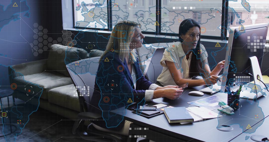 Data Analysts Collaborating in Modern Office with Digital World Map