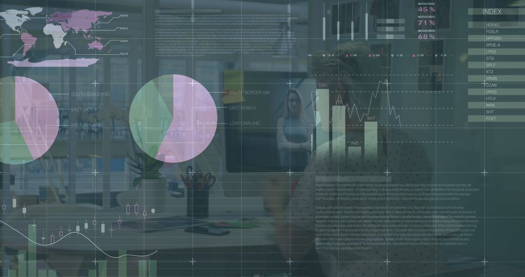 Fashion Designer Analyzing Data with Digital Overlays of Graphs and Charts