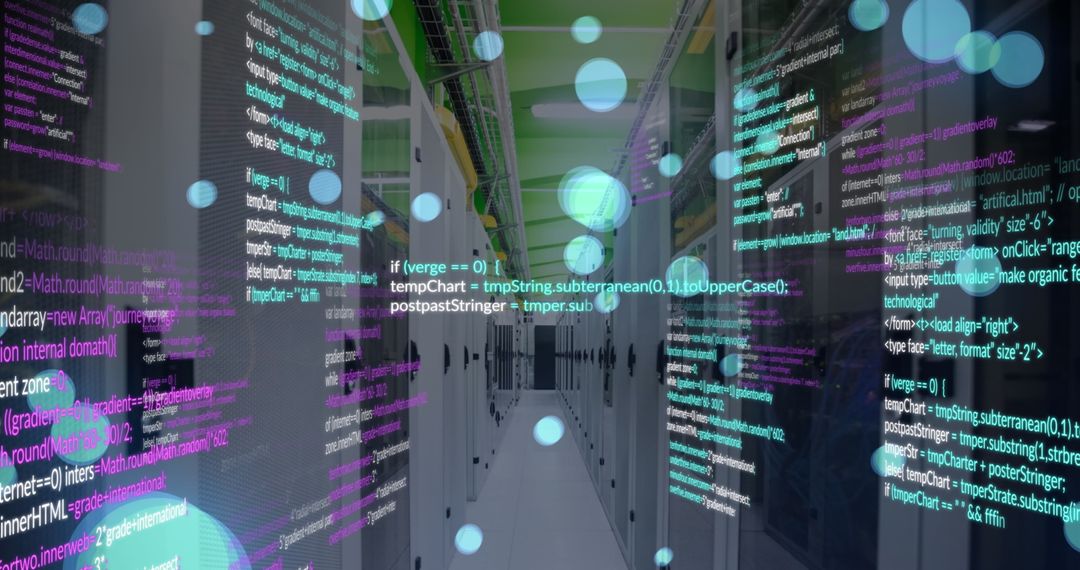 Digital Code Superimposed on Modern Server Room