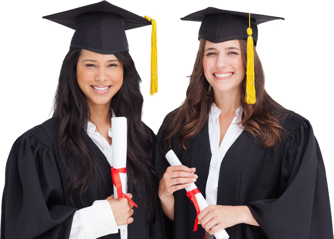 Two Smiling Graduates Holding Diplomas in Cap and Gown on Transparent Background - Download Free Stock Images Pikwizard.com