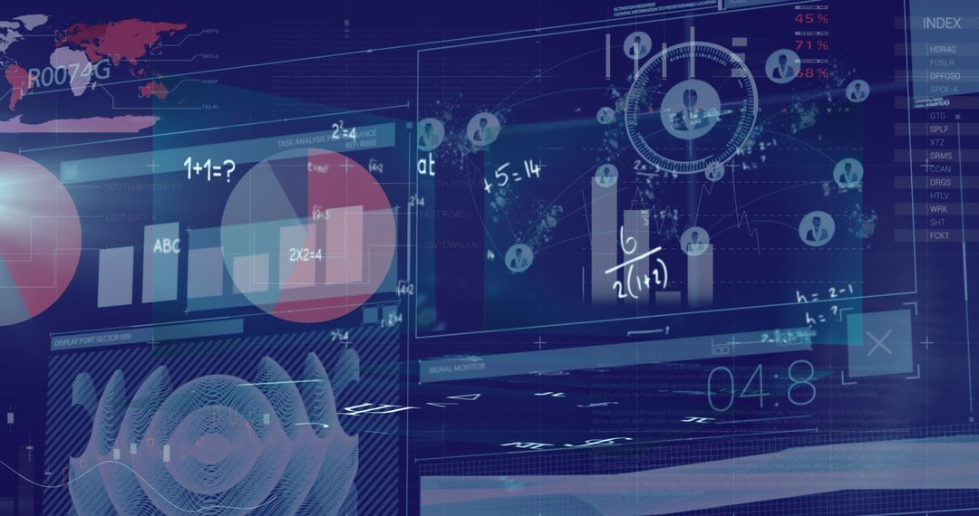 Digital Interface Showing Complex Data Analytics on Blue Background