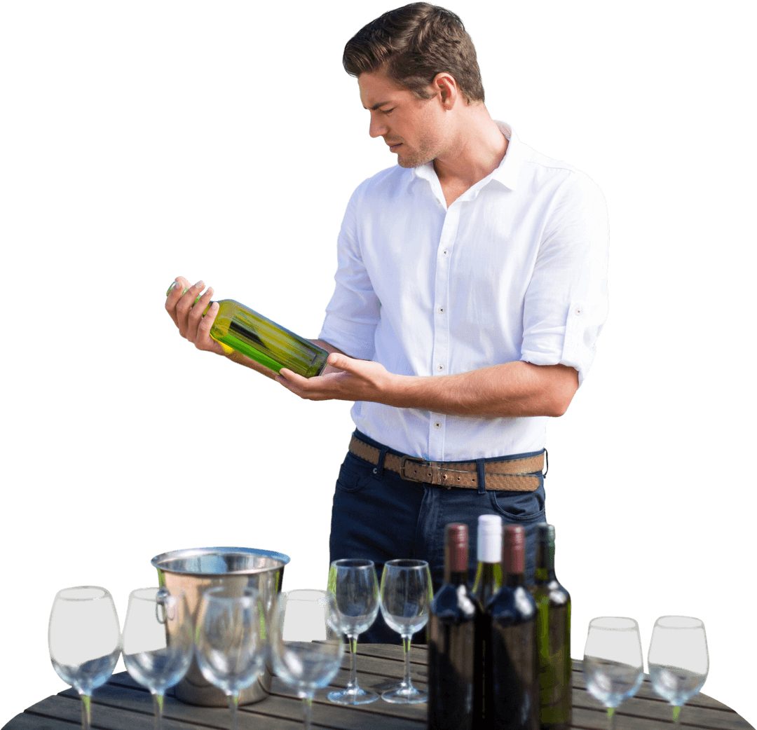 Transparent Wine Tasting Young Man Inspecting Wine Bottle
