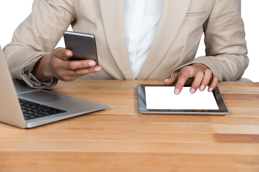 Businesswoman Using Devices at Work – Transparent Background