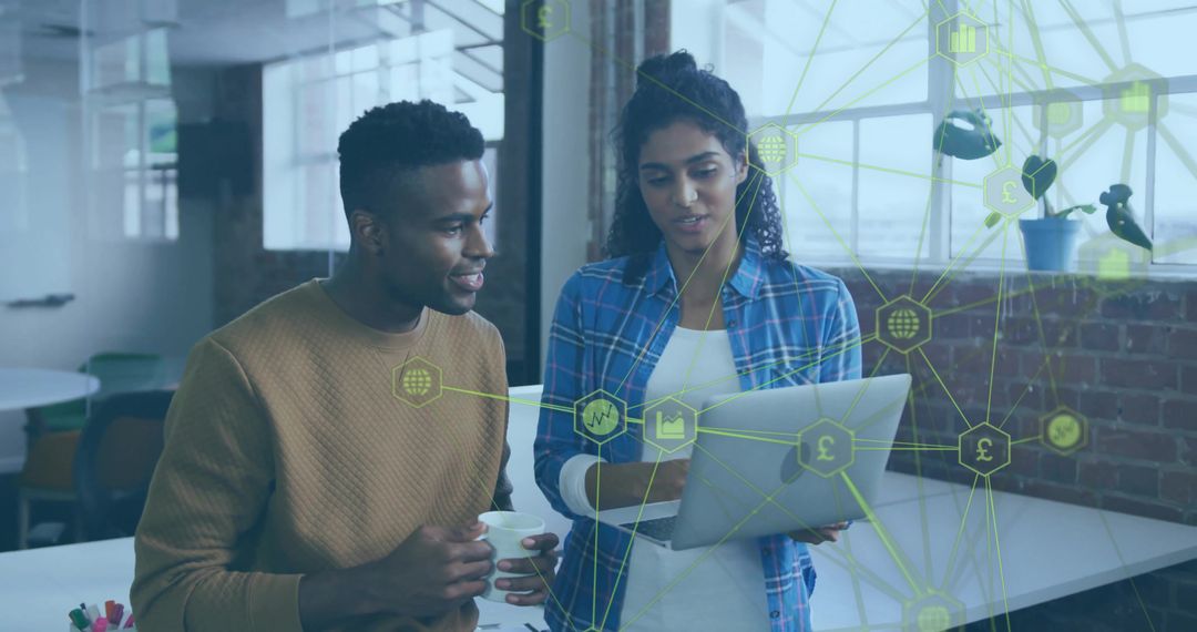 Team Collaborating with Digital Network Interface in Modern Office