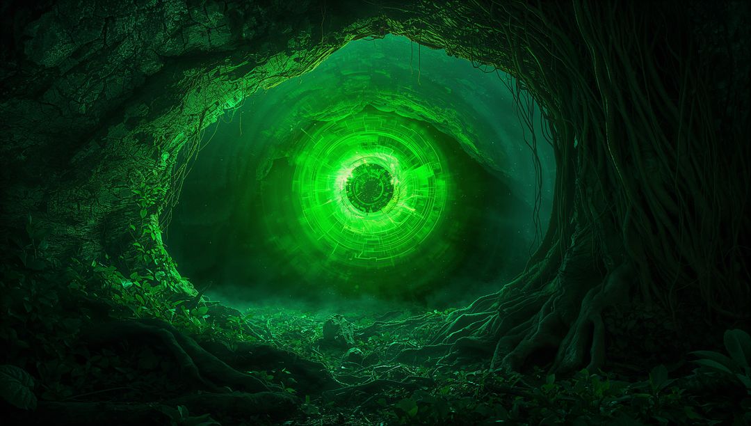 Mystical Glowing Digital Portal in Enchanted Forest Cave