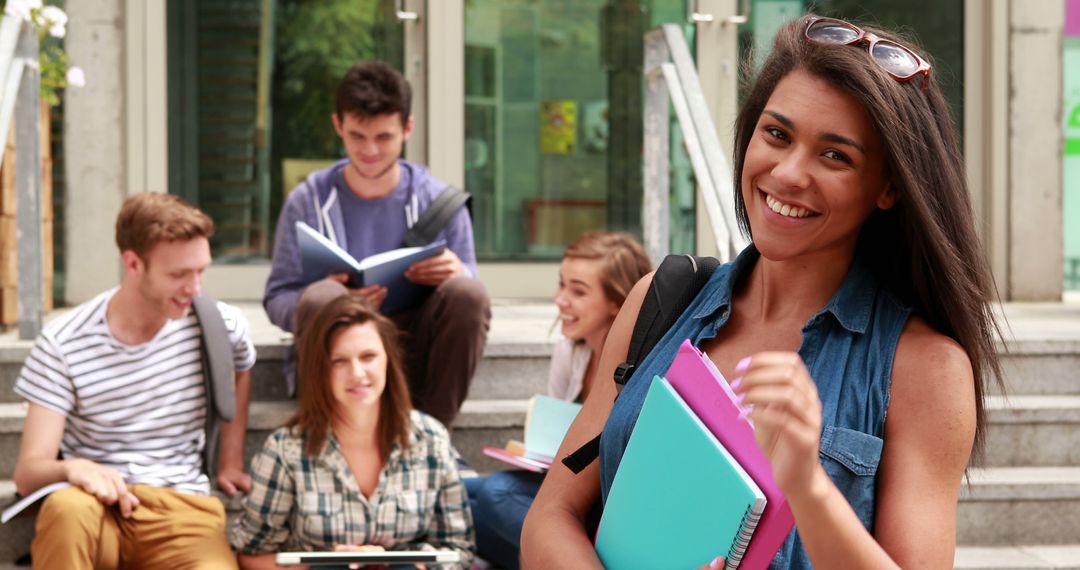 Smiling Female Student Holding Notebooks with Friends Discussing Outdoors - Free Images, Stock Photos and Pictures on Pikwizard.com