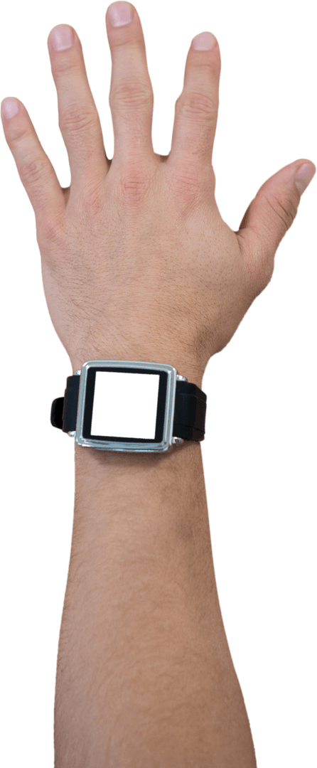 Hand Wearing a Transparent Frame Smartwatch Isolated on White