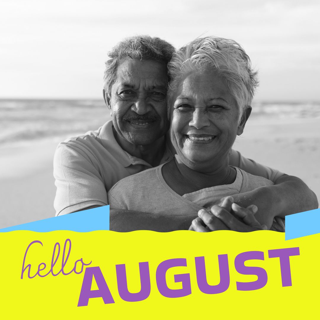 Senior Couple Enjoying Beach with Hello August Text Overlay
