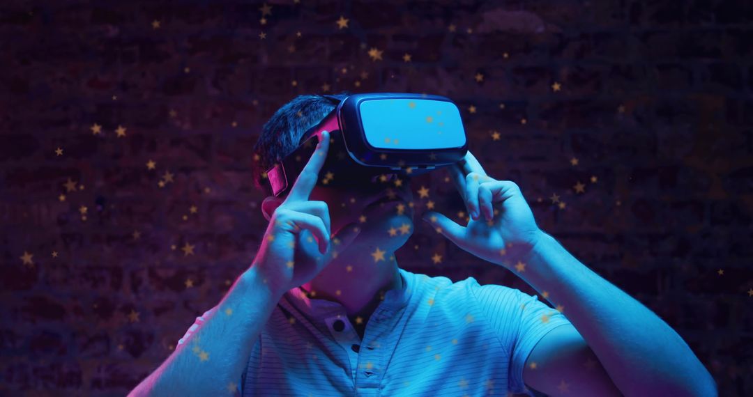 Man Exploring Virtual Reality with Stars in Studio Ambiance