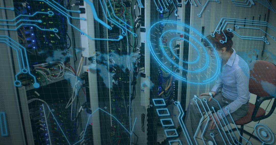 Caucasian Woman Managing Server Room with Digital Interface Display