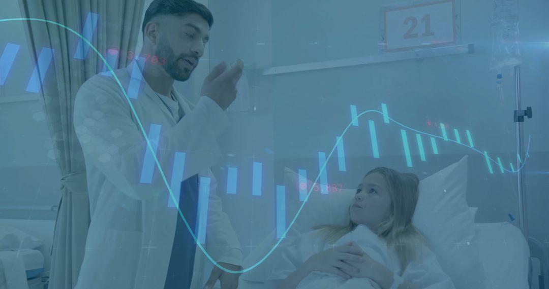 Doctor Consulting Young Patient with Financial Data Overlay