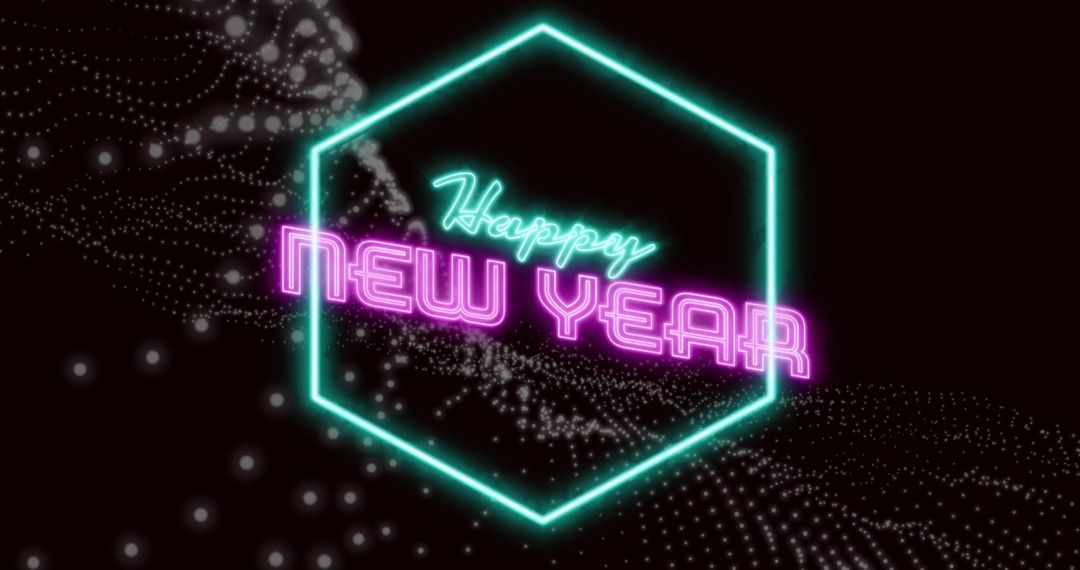Neon Glowing New Year Greeting in Abstract Digital Space