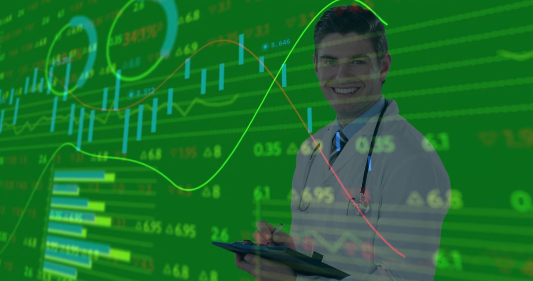 Doctor Analyzing Stock Market Data on Green Charts