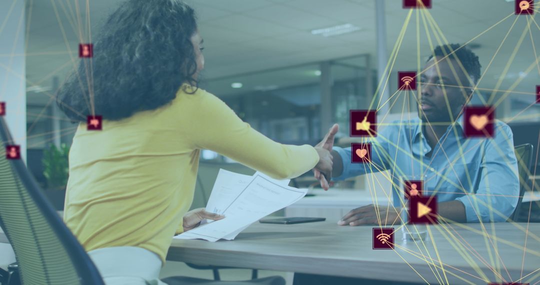 Digital Collaboration: Diverse Team Shaking Hands with Global Network Overlay