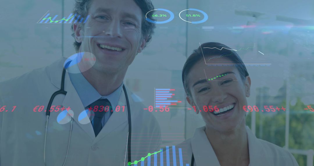 Medical Professionals Collaborating with Data Analytics Overlay