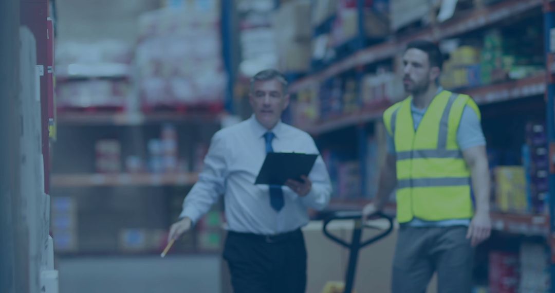 Warehouse Manager and Worker Collaborating in Logistics Environment
