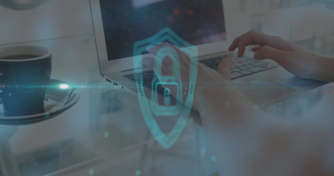 Online Security Padlock Over Woman Using Laptop in Coffee Shop