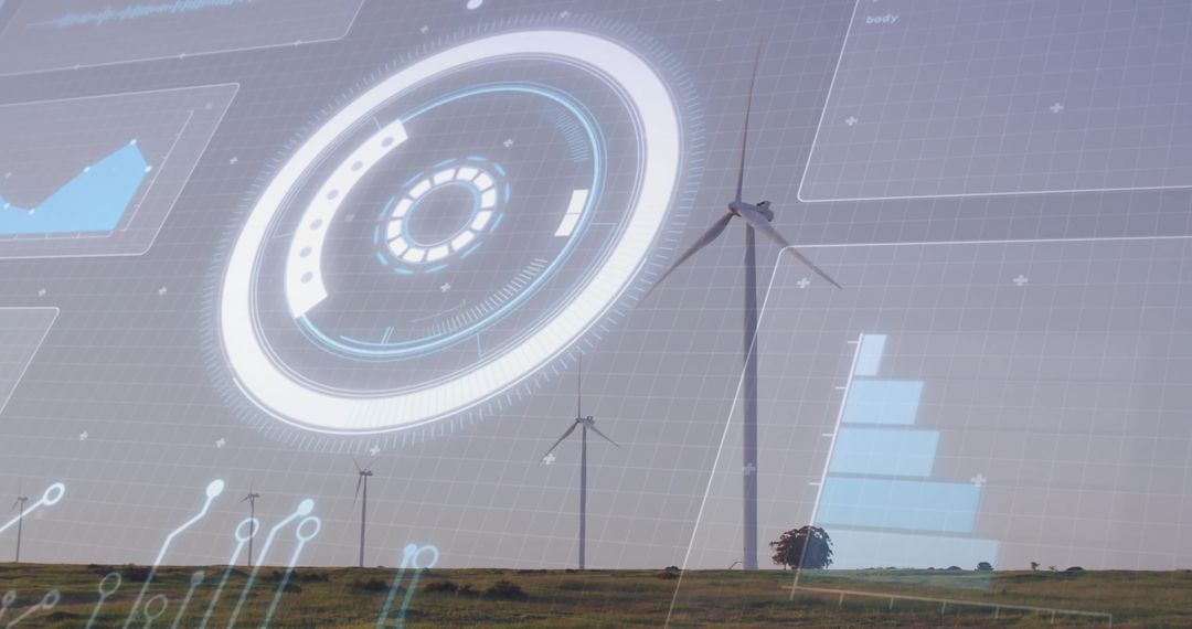 Wind Turbines with Futuristic Digital Interface Overlays