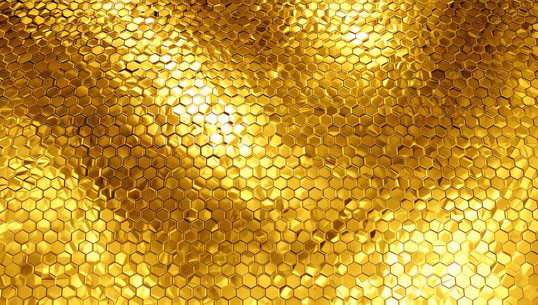 Golden Honeycomb Metal Texture with Beveled Hexagonal Tiles and Mirror Highlights