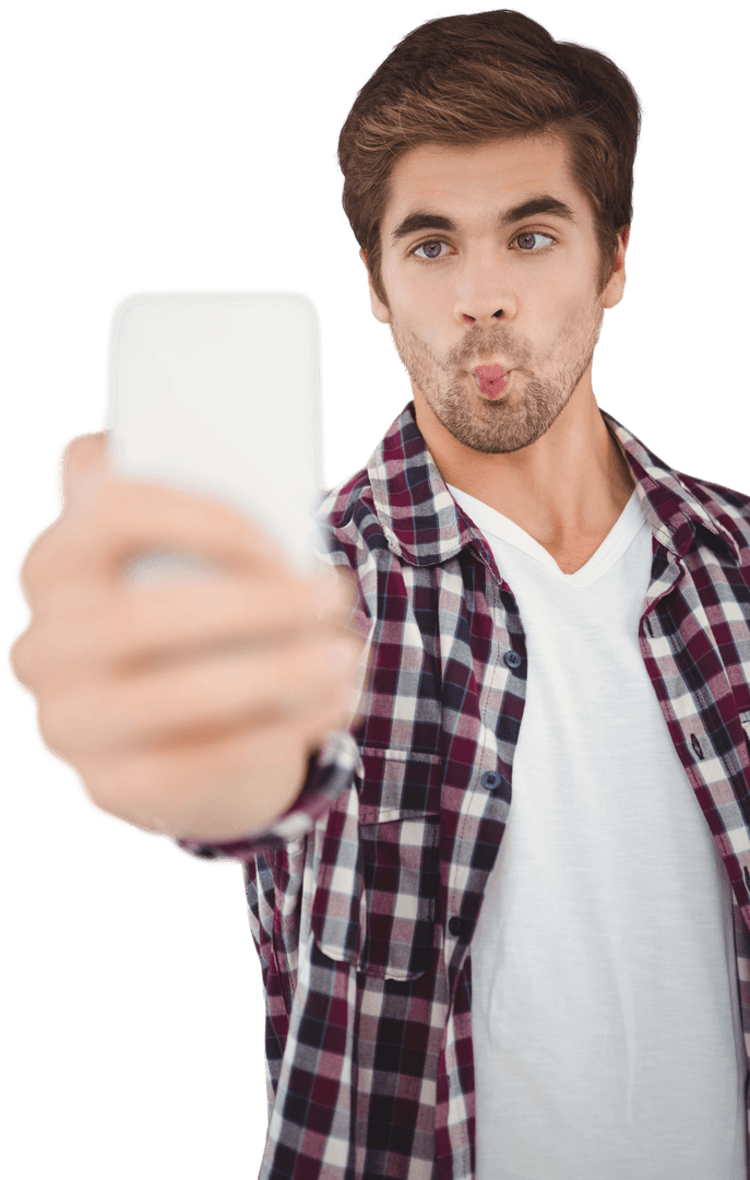 Man Making Funny Face Taking Selfie Isolated on Transparent Background