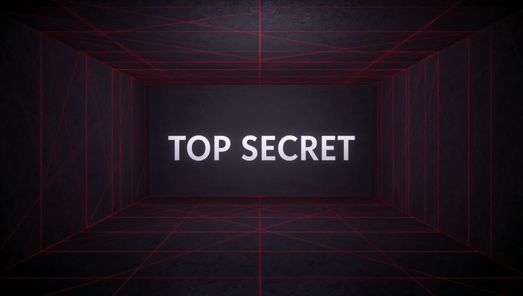 Top Secret glowing typography in dark vault with red wireframe grid and deep perspective