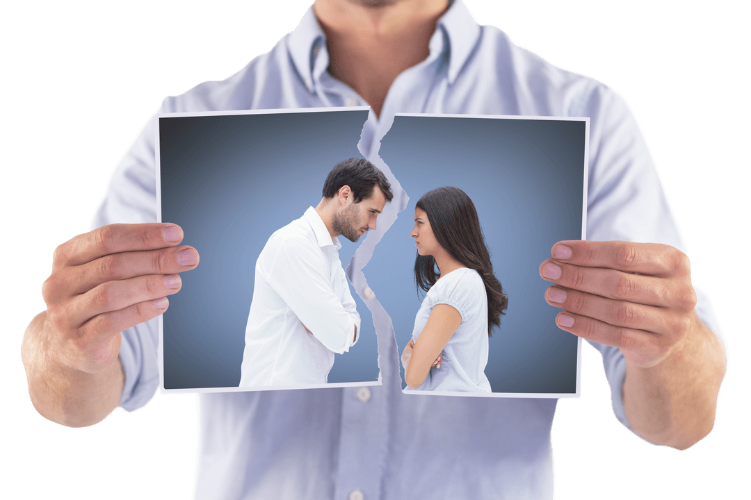 Transparent Tear Photo of Arguing Couple Held by Man