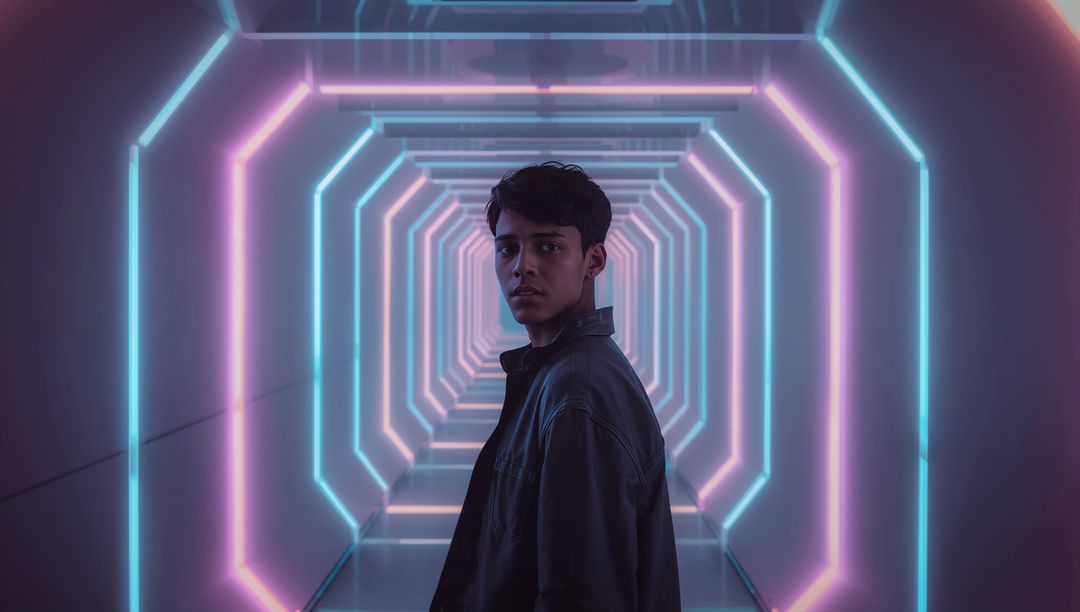 Young man standing in neon hex tunnel with cyan magenta LED lights