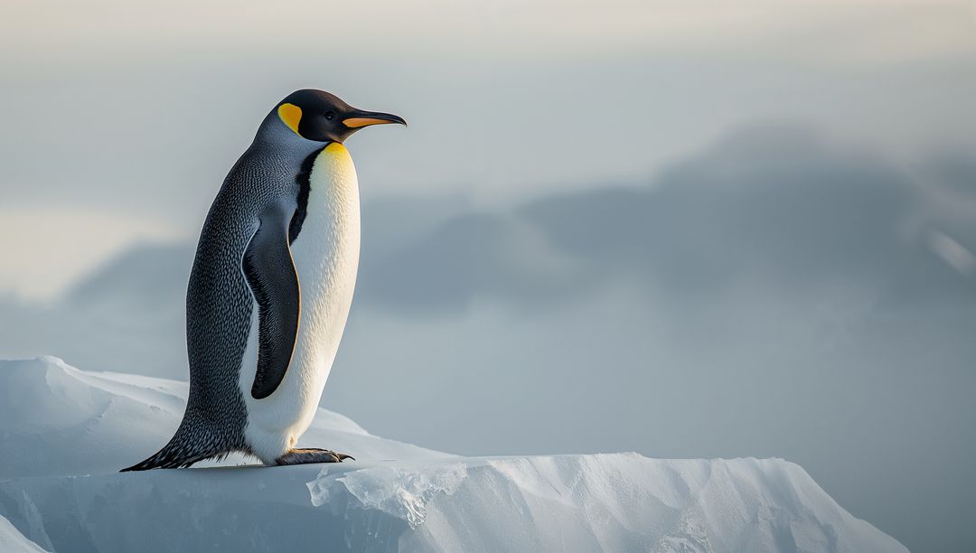 King Penguin Standing on Icy Edge with Glacier Backdrop