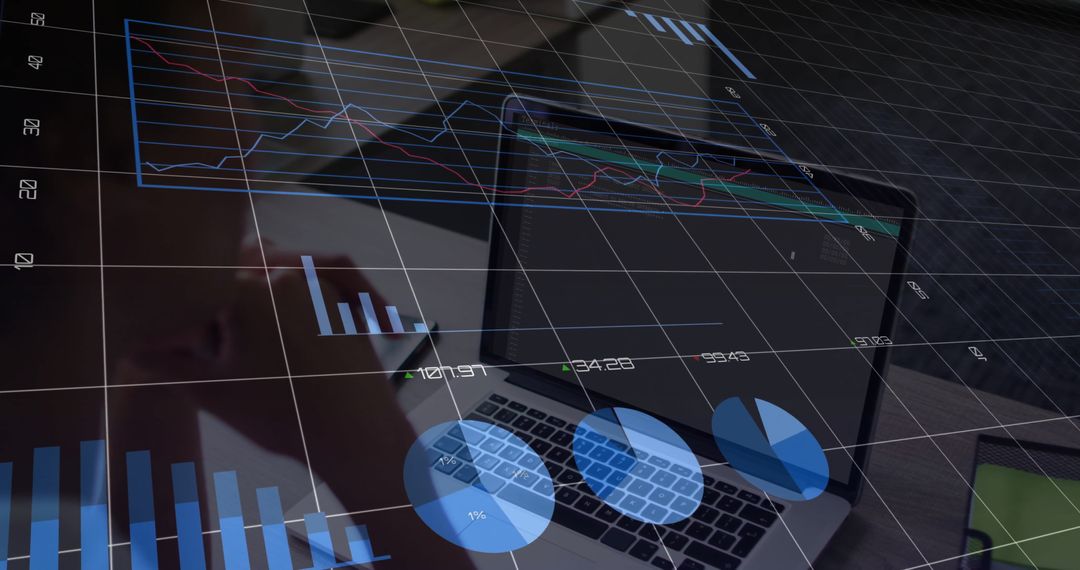 Businesswoman Analyzing Financial Data on Laptop with Digital Visualization