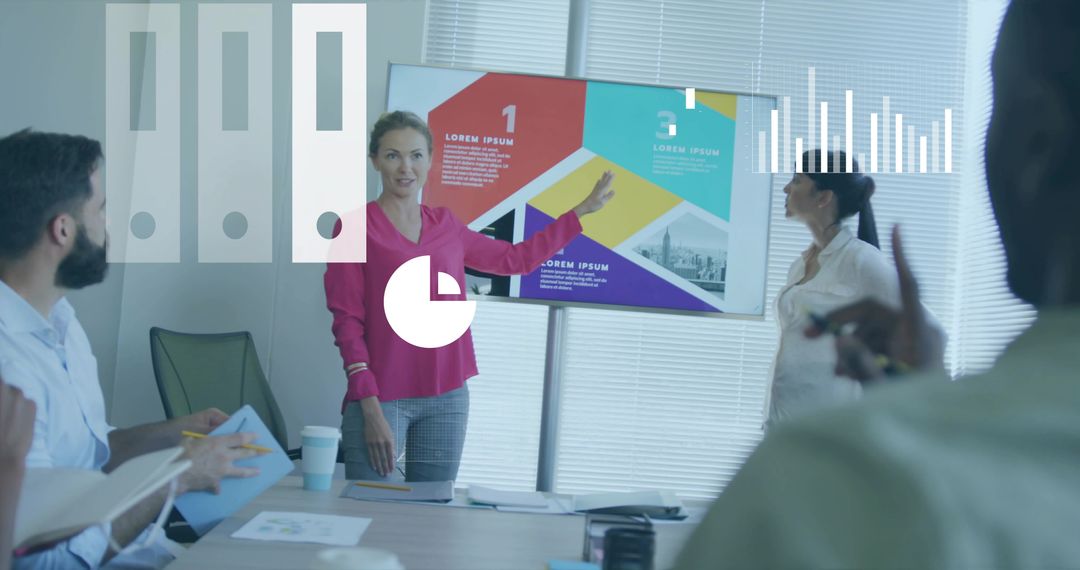 Businesswoman Leading Presentation with Data Graphics