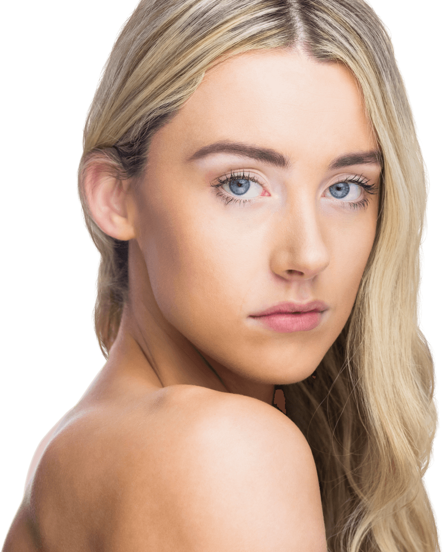 Transparent Studio Portrait of Bare Shoulder Woman Looking Directly